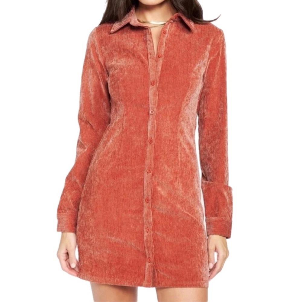 Emory Park Mini Shirt Dress Button Down Long Sleeve Corduroy Rust Womens Medium